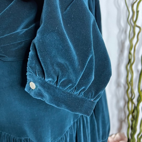 80s Vintage Norman Shirtmakers Green Velvet Dress A Line Pleated Women's Size 12 - Picture 9 of 15